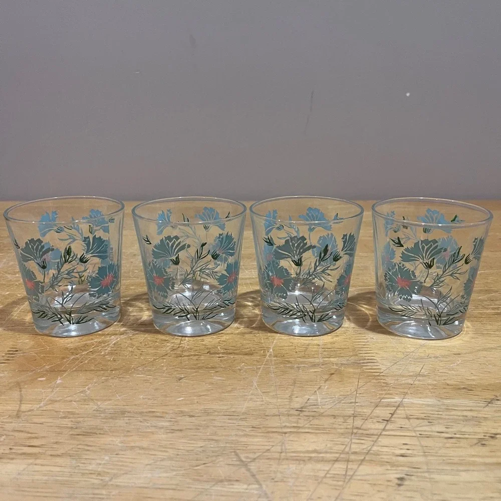 Vtg Taylor Smith & Taylor Teal Ever Yours Floral Juice Glasses Set of‎ 4 MCM